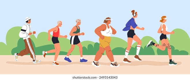 Jogging, running and walking people in park. Diverse men, women group exercising, training outdoors. Happy healthy characters of different age, cardio workout in nature. Flat vector illustration