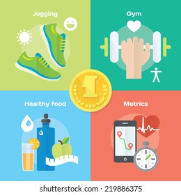 Jogging and running winner concept flat icons of gym, healthy food, metrics. Isolated vector illustration and modern design element