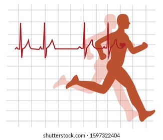 Jogging silhouette and heart rete, with a grid pattern background 