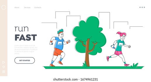 Jogging and Sport Healthy Lifestyle Landing Page Template. Man and Woman Characters in Sports Wear and Sneakers Running Marathon on Nature Background. People Sport Activity. Linear Vector Illustration