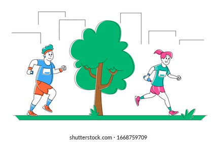 Jogging and Sport Healthy Lifestyle. Man and Woman Characters in Sports Wear and Sneakers Running Marathon on Nature Background. People Summertime Outdoor Sports Activity. Linear Vector Illustration