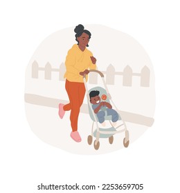 Jogging with a stroller isolated cartoon vector illustration. Young sporty mom running with stroller, modern motherhood, family life, active lifestyle, physical activity vector cartoon.