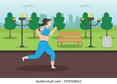 Jogging Vector Concept. Overweight Woman Jogging At The Park While Wearing Face Mask And Running Tracker