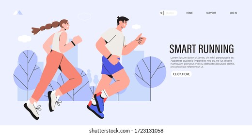 Jogging vector illustration for landing page or web banner template. Woman and man with fitness tracker running in the town park. Illustration for marathon, city run, training, cardio exercising. 