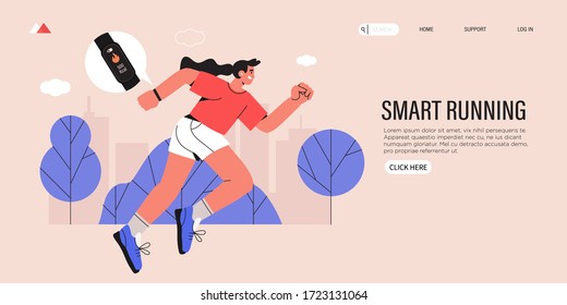 Jogging vector illustration for landing page or web banner template. Woman with fitness band or tracker running in the town park. Illustration for marathon, city run, training, cardio exercising. 