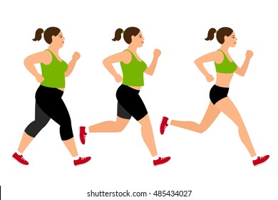 Jogging weight loss woman. Overweight fat lady and fitness slim girl vector illustration