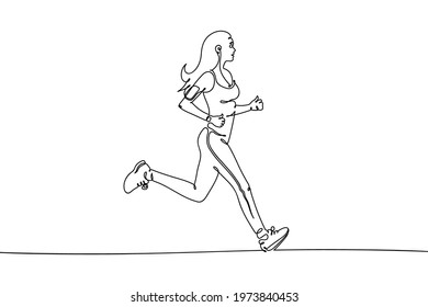 Jogging woman. Continuous single line. Running girl linear silhouette