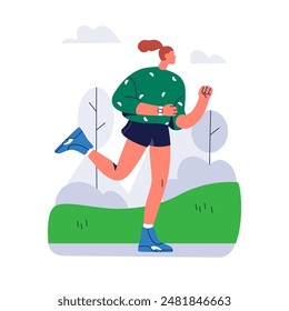 Jogging woman. Female running in park. Runner, jogger training, morning cardio workout for endurance. Active girl training, exercising outdoors. Flat vector illustration isolated on white background