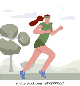 Una mujer trotando. Mujer corriendo en el parque. Corredor, entrenamiento de trotadora, mañana, tarde de entrenamiento cardiovascular para la resistencia. Ilustración vectorial plana aislada sobre fondo blanco