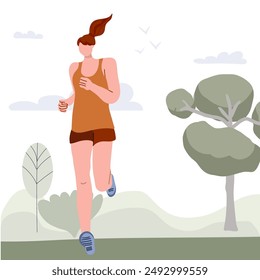 Una mujer trotando. Mujer corriendo en el parque. Corredor, entrenamiento de trotadora, mañana, tarde de entrenamiento cardiovascular para la resistencia. Ilustración vectorial plana aislada sobre fondo blanco