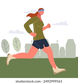 Una mujer trotando. Mujer corriendo en el parque. Corredor, entrenamiento de trotadora, mañana, tarde de entrenamiento cardiovascular para la resistencia. Ilustración vectorial plana aislada sobre fondo blanco