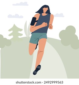 Una mujer trotando. Mujer corriendo en el parque. Corredor, entrenamiento de trotadora, mañana, tarde de entrenamiento cardiovascular para la resistencia. Ilustración vectorial plana aislada sobre fondo blanco