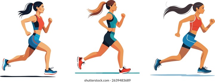 Jogging woman group. Women crowd running. Many runners in line. Diverse joggers characters in motion, action. Sport exercise.