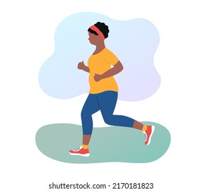 Jogging woman losing weight outdoors. Plump african american girl running in sportswear. Overweight. Morning jog in park. Flat vector illustration.