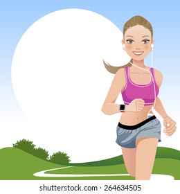 Jogging woman outdoor with countryside background.
File contains Gradient, Gradient mesh, Clipping mask, Transparency.

