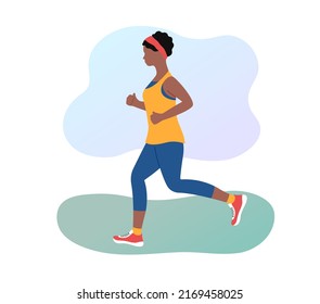 Jogging woman outdoors. African american adult girl running in sportswear. Morning jog in park. Flat vector illustration. Healthy lifestyle and fitness concept.