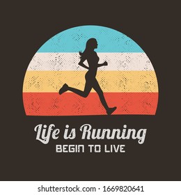 Jogging woman. Running girl silhouette. Retro background