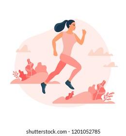 Jogging woman surrounded by plants. Flat style vector illustration isolated on white