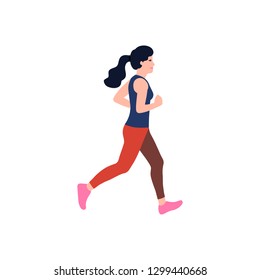 Jogging woman. Vector illustration with running woman. Training to marathon. Flat style