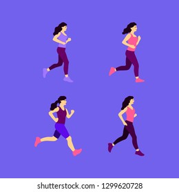 Jogging women set. Vector illustration with running women. Training to marathon. Flat style