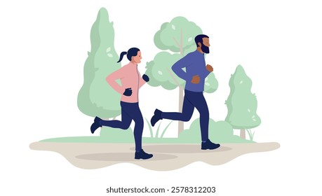 Jogging workout outdoors - Man and woman running and exercising in park or forest smiling and feeling healthy together. Recreation concept in flat design vector illustration on white background