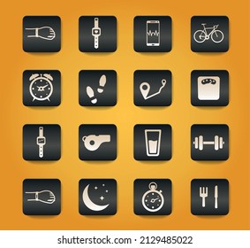 Jogging and workout symbols on black buttons on yellow background