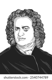 Johann Sebastian Bach 1685-1750 dibujo de caras. Grabado dibujado a mano del compositor alemán conocido por la música barroca. Vector ilustración histórica en blanco y negro.