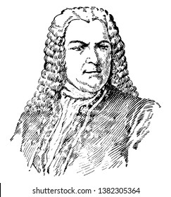 Johann Sebastian Bach, 1685-1750, he was a German composer and musician, famous for instrumental compositions and vocal music, vintage line drawing or engraving illustration