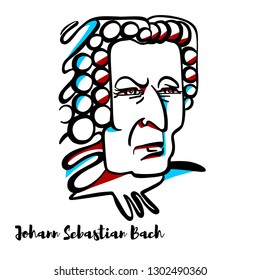 Johann Sebastian Bach engraved vector portrait with ink contours. German composer and musician of the Baroque period.