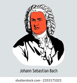 Johann Sebastian Bach era compositor, organista, maestro de Kapellmeister y música alemán. Ilustración vectorial dibujada por mano