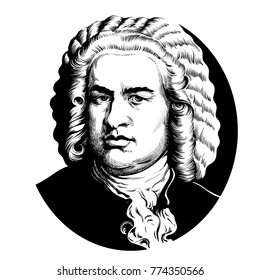 Johann Sebastian Bach. Great German composer and musician. Hand drawn vector portrait isolated on white background.