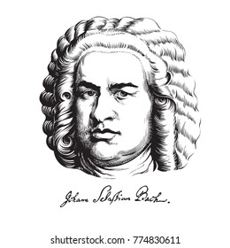 Johann Sebastian Bach. Great German composer and musician. Hand drawn vector portrait in the style of engraving isolated on white background. 