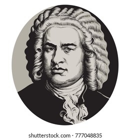 Johann Sebastian Bach. Gran compositor y músico alemán. Retrato vector dibujado a mano en el estilo de grabado aislado en fondo blanco. 