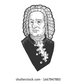 Johann Sebastian Bach portrait sketch engraving vector illustration. T-shirt apparel print design. Scratch board imitation. Black and white hand drawn image.