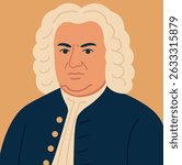 Johann Sebastian Bach in vector style.
Vector portrait of Johann Sebastian Bach with a white wig and dark doublet on a beige background. Minimalistic illustration in a flat style.