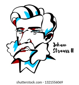 Johann Strauss II engraved vector portrait with ink contours. He was an Austrian composer of light music, particularly dance music and operettas. He was known as "The Waltz King".