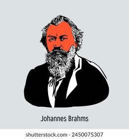 Johannes Brahms war ein deutscher Komponist und Pianist, einer der zentralen Vertreter der Romantik. handgezeichnete Vektorillustration