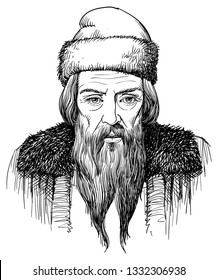 Johannes Gutenberg (1395-1468) portrait in line art illustration. He was German inventor and first printer, publisher of the first European Bible.