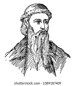Johannes Gutenberg, c. 1400-1468, he was a German blacksmith, goldsmith, printer, and publisher who introduced printing to Europe, vintage line drawing or engraving illustration