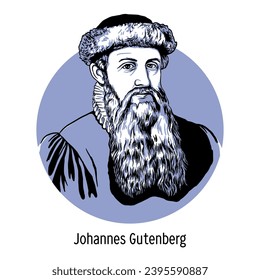 Johannes Gutenberg es un pionero alemán, el primer tipógrafo en Europa. Ilustración vectorial dibujada por mano