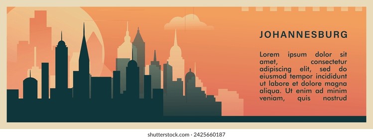 Johannesburg city brutalism vector banner with skyline, cityscape. South Africa megacity retro horizontal illustration, travel layout for web presentation, header, footer