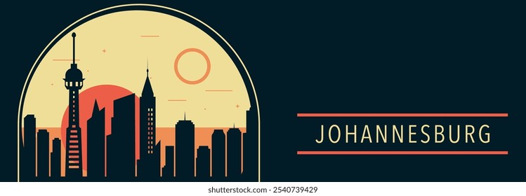 Joanesburgo cidade retro estilo vetor banner com horizonte, paisagem urbana. África do Sul ilustração horizontal vintage. Viajar longo layout para web, apresentação, cabeçalho, rodapé, infográficos
