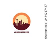 Johannesburg cityscape skyline city panorama vector flat modern logo icon at sunrise, sunset. South Africa travel image with landmarks and building silhouettes. Isolated round shape emblem graphic