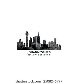 Johannesburg panorama, vector badge, skyline logo and icon. South Africa city horizon logotype with landmarks and building silhouettes. Isolated foggy abstract gradient graphic