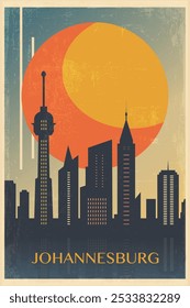 Johannesburger Retro-Stadtplakat mit abstrakten Skyline-Formen, Gebäuden. Südafrika Vintage Reise Vektorgrafik, Stadtlandschaft bei Sonnenaufgang, Sonnenuntergang