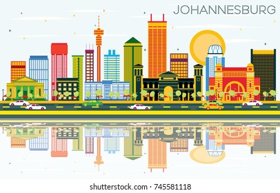 Johannesburg Skyline with Color Buildings, Blue Sky and Reflections. Vector Illustration. Business Travel and Tourism Concept with Johannesburg Modern Buildings. Image for Presentation and Banner.