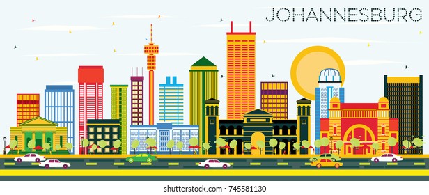 Johannesburg Skyline with Color Buildings and Blue Sky. Vector Illustration. Business Travel and Tourism Concept with Johannesburg Modern Buildings. Image for Presentation and Banner.