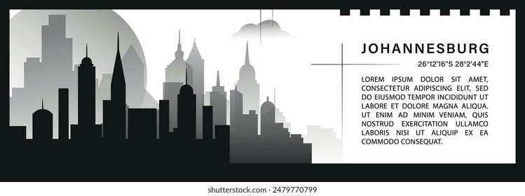 Johannesburg skyline vector banner, black and white minimalistic cityscape silhouette. South Africa city horizontal graphic, travel infographic, monochrome layout for website