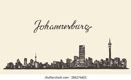 Johannesburg skyline, vintage vector engraved illustration, hand drawn, sketch