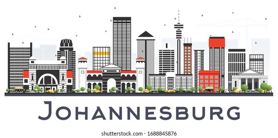 Johannesburg South Africa City Skyline with Gray Buildings Isolated on White. Vector Illustration. Business Travel and Tourism Concept with Modern Buildings. Johannesburg Cityscape with Landmarks.